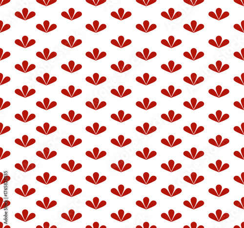 Repeating pattern of red, stylized floral motifs on a white background used for textiles, wrapping paper, or other decorative purposes.