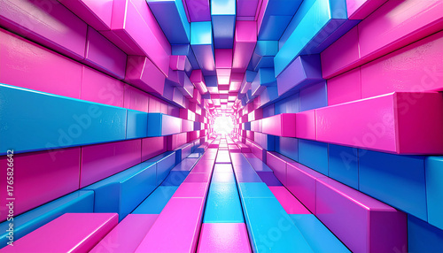 Fototapeta Naklejka Na Ścianę i Meble -  中心から広がる青とピンクのブロックの背景