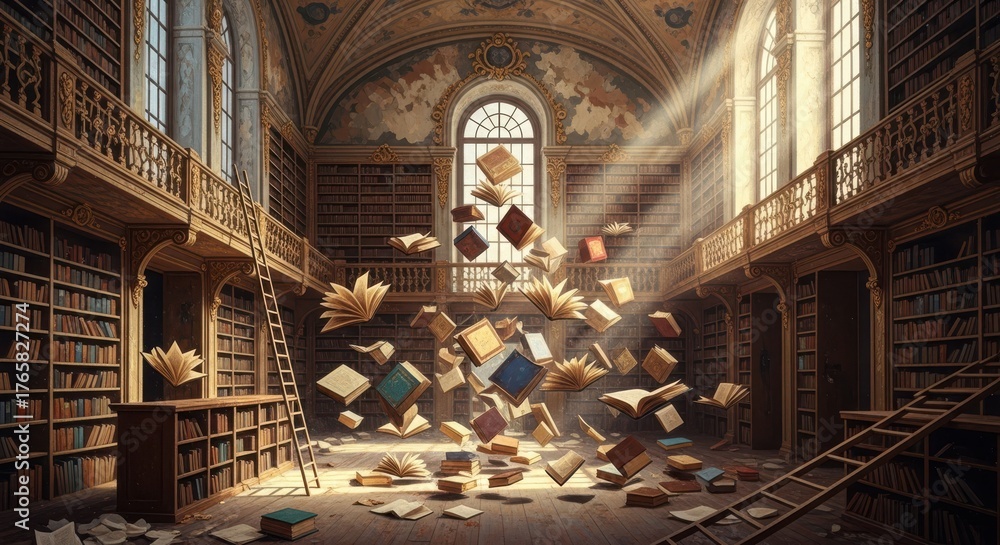 Fototapeta premium Abandoned Grand Library Interior with Books Levitation and Sunlight Beams