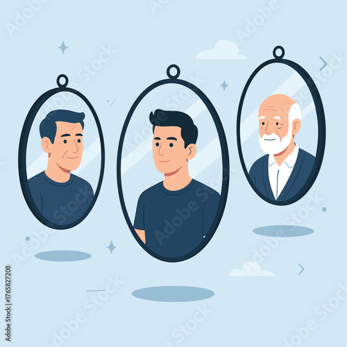 Series of portraits showing a man's aging process in reflective frames