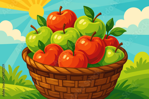 Basket of fresh red and green apples under a sunny sky