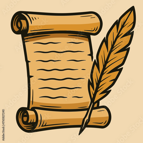 Old parchment scroll with a feather quill in a classic design