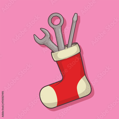 Modern cartoon Christmas stocking filled with wrenches and screwdriver. Perfect festive vector for mechanical engineers, workshops, and industrial holidays