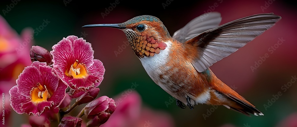 Obraz premium A hummingbird is flying over a pink flower