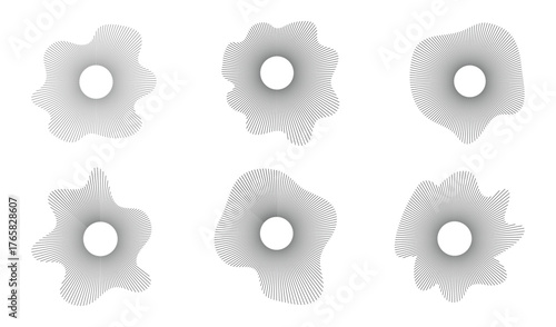 Music sound waves circles set. Round Music Wave Graphics. Flat illustrations isolated on white background. Black radial sound wave line pattern set. Flat vector illustrations .
