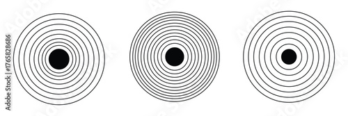 Sonar sound waves icon set. Black linear concentric circle set. Dotted and dashed round sound wave collection. Concentric circle sign. Collection sonar sound waves.
