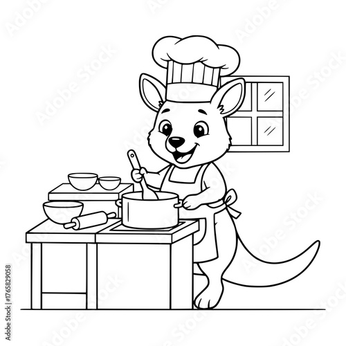 Cheerful kangaroo chef cooking in kitchen with pot and utensils, simple coloring page for toddlers generative ai 