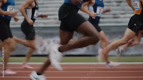 athlete and runner contest in sprint race on track. stadium seating frames competition area. speed defines each lap inside marked lane. close spacing between contenders. timing records lap time.