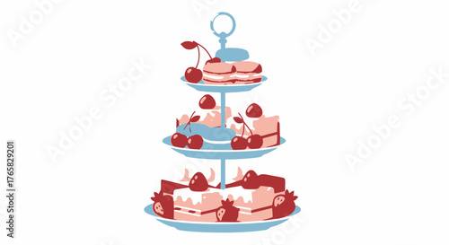 Modern flat vector illustration of a three-tiered serving stand showcasing pink cakes, pastries, macarons, strawberries, and cherries, using a simple, limited color palette for food service