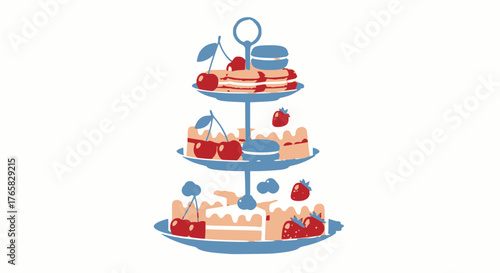 Minimalist vector illustration of a three-tiered dessert stand loaded with pastries, cakes, macarons, cherries, and strawberries, featuring a limited, modern color palette