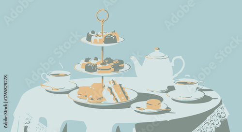 Stylized vector illustration of an elegant afternoon tea party with a two-tiered stand of colorful pastries, white teapot, teacups, finger sandwiches, and a lace-edged tablecloth.