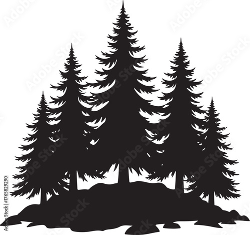 Black silhouette of a cluster of pine trees on rocky ground