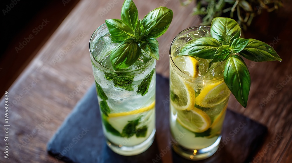Fototapeta premium Mint basil lemonade Turkish style refreshing summer drink transparent tall glass top down garnish view styled for caf menu left to right