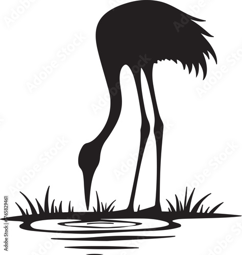 Black silhouette of a crane bird drinking water black and white