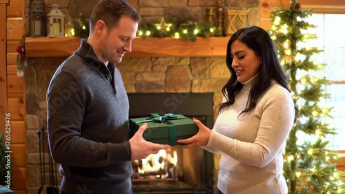 Christmas gift exchange brings love and happiness to a joyful White man and Hispanic woman couple celebrating the festive winter holiday season at their cozy home.