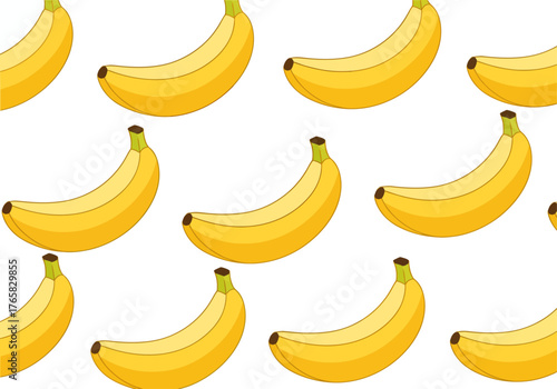 A simple seamless pattern of stylized yellow bananas arranged in diagonal rows on a clean white background, creating a fun and fruity vector illustration