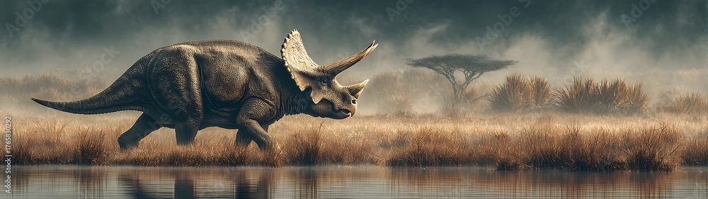 Fototapeta premium A large dinosaur is walking through a field