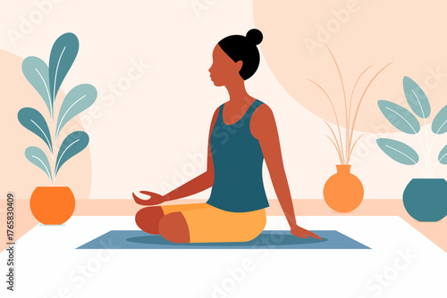 Black woman with amputated leg practicing yoga and deep breathing at home for inclusive fitness. African American person meditating on mat for mindful living, accessibility and body positive wellness