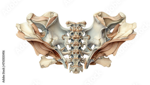 Detailed anatomical illustration of the human pelvis, showcasing bones, muscles, ligaments, and nerves