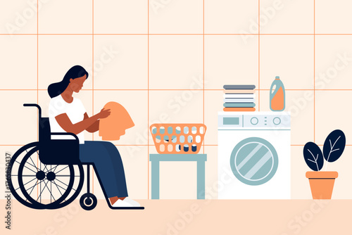 Black woman in a wheelchair doing laundry at home during her everyday housekeeping routine. African American person folding clothes beside washing machine for daily housework, chores and cleaning