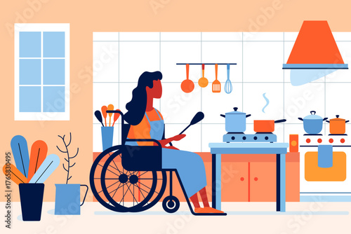 Black woman with a physical disability cooking at home. African American person using a wheelchair while preparing a meal in the kitchen for an accessibility, independence and mobility concept