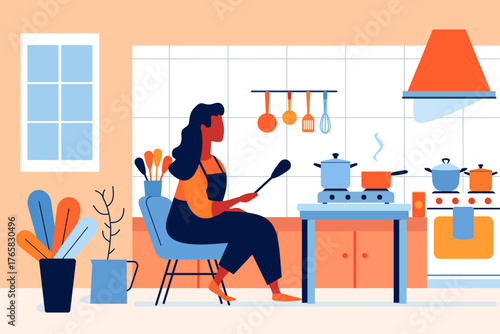 Black woman with a physical disability cooking at home. African American person sitting on a chair while preparing a meal in the kitchen for an accessibility, independence and mobility concept