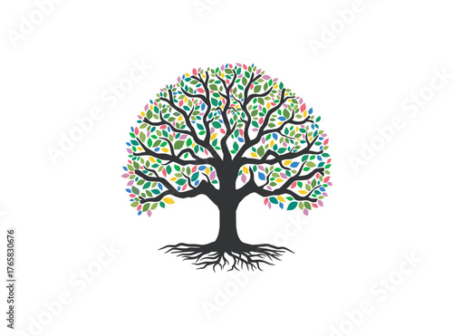 rainbow tree logo, circular shape of tree roots