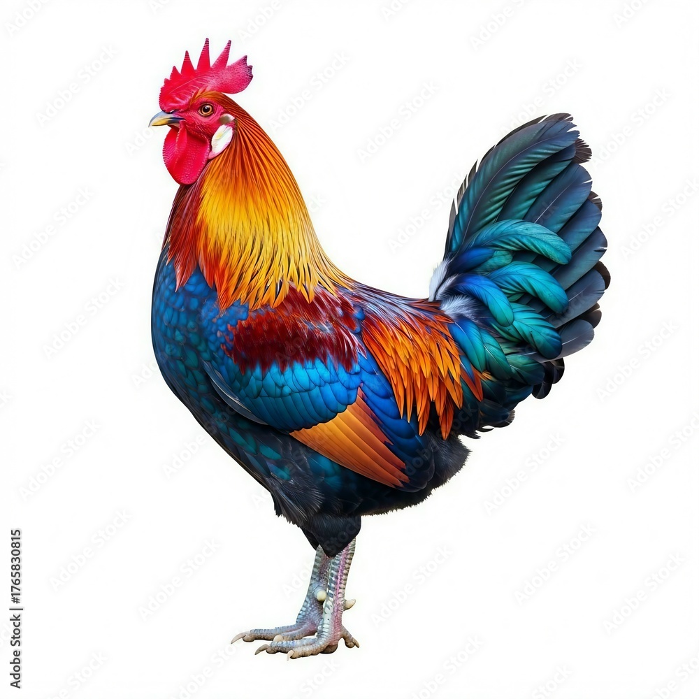 Fototapeta premium Colorful rooster standing proudly isolated on white background