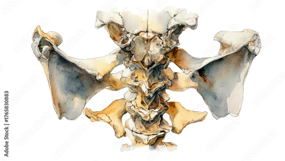 Naklejka premium Watercolor illustration of an animal's spine, with shoulder blades in a scientific perspective