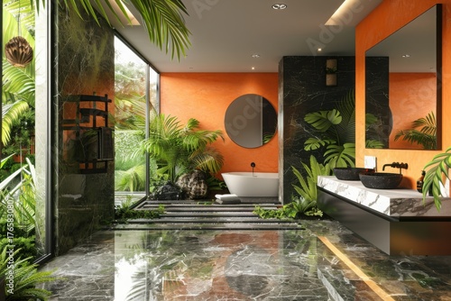Modern contemporary style bathroom with tropical style yard view 3d render,There are marble floor and green and orange wall decorated with marble basin counter and black framed mirror
