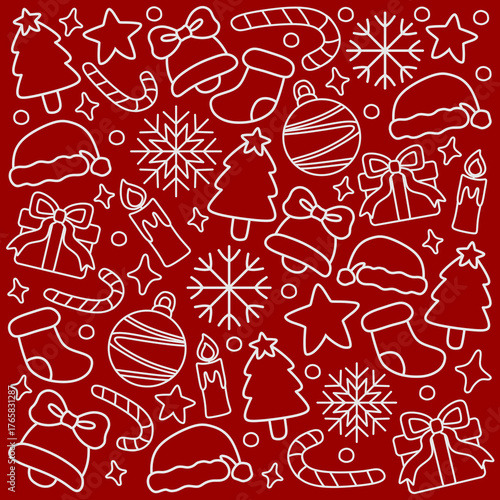 Red Christmas Seamless Pattern with Snowflake, Gift, Tree and Bell Outline 