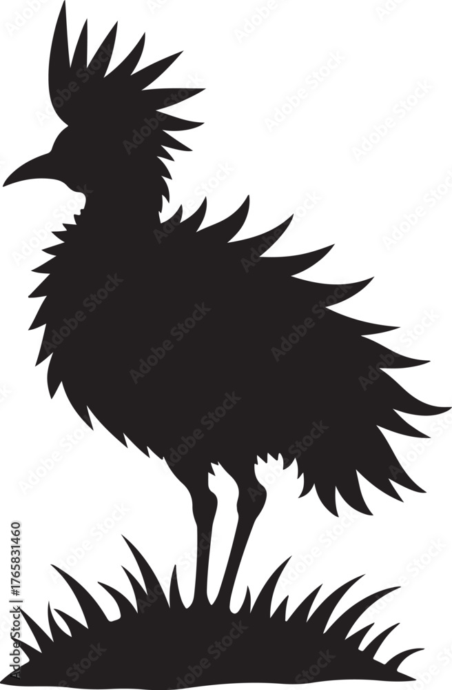 Fototapeta premium Black silhouette of a crested bird standing on grass