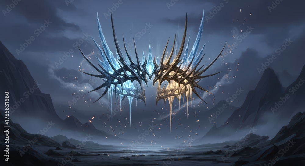 Naklejka premium Dark Fantasy Illustration of a Floating, Spiked Relic of Ice and Gold