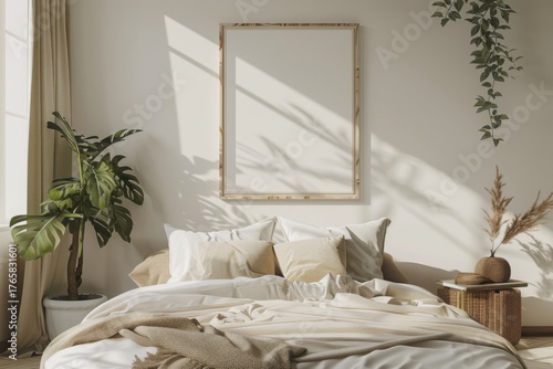 Mockup frame in light cozy and simple bedroom interior background, 3d render