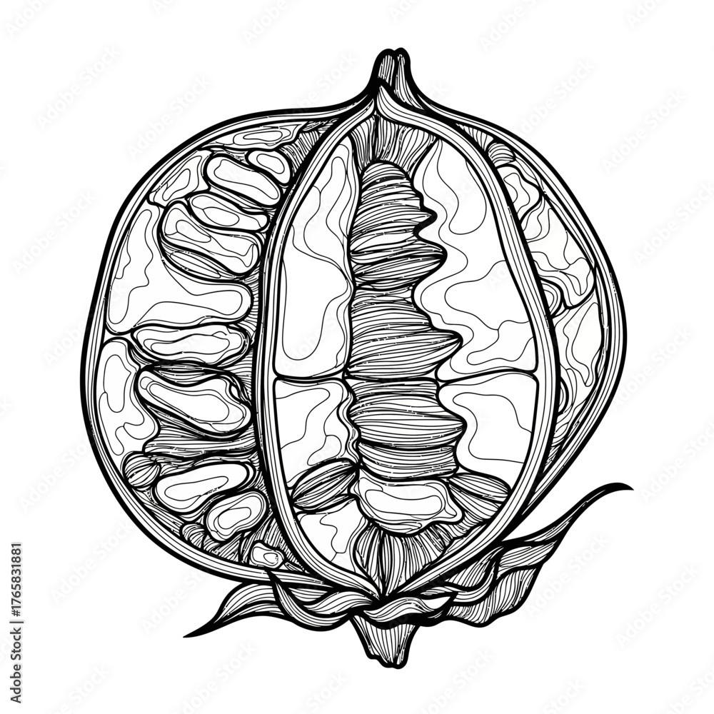 Fototapeta premium Detailed Black and White Pomegranate Outline Illustration Highlighting Fruit and Seed Structure