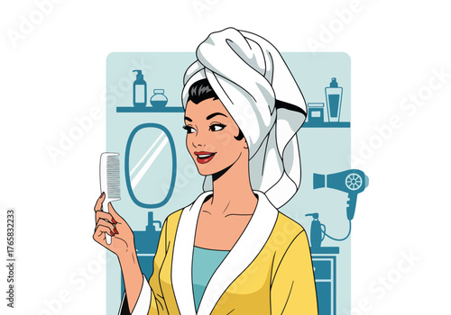 Retro woman in a bathrobe holding a comb. Home hair care and beauty spa concept. Pop art style graphic