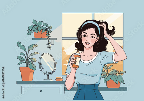 A woman applying a hair care product at home. Hand-drawn style graphic of a daily beauty routine. Self-care and wellness concept