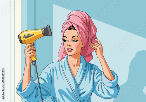 Pop art drawing of a woman in a bathrobe using a hairdryer. Hair care and beauty routine at home concept