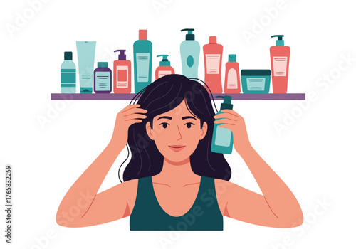 Hair care at home concept. A woman using serum or oil with a variety of beauty products in the background. Flat design graphic
