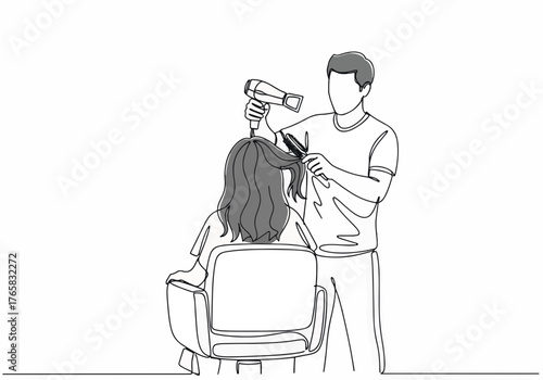 A hairdresser styling a client's hair with a blow dryer. Continuous one-line art drawing. Minimalist beauty salon and hair care home service concept
