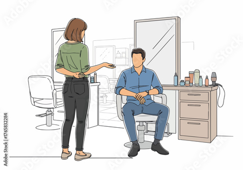 A hairdresser consulting with a male client in a salon. Hair care and professional hairstyling concept. Modern line art drawing