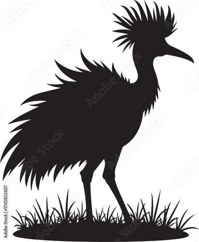 Black silhouette of a crowned bird standing in grass
