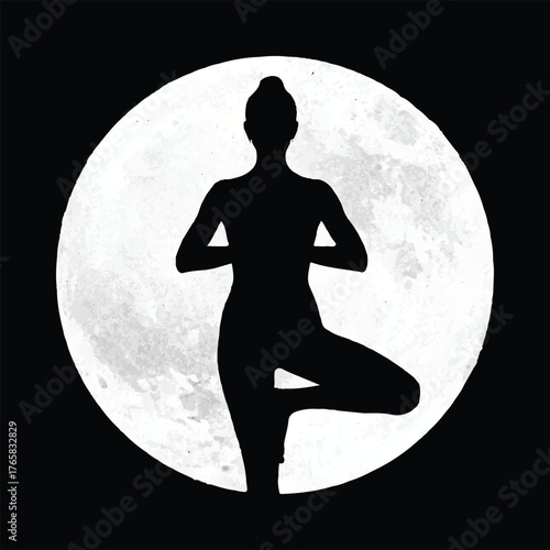 Woman silhouette yoga pose full moon background. Meditative practice serene female figure tree pose. Tranquil wellness exercise. Minimalist fitness illustration. Spiritual balance mindfulness design