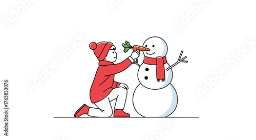 Child placing carrot as snowman's nose in winter background  