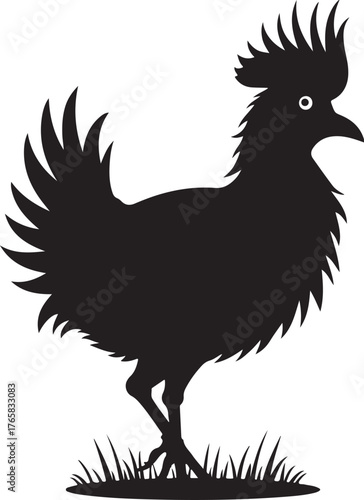 Black silhouette of a rooster standing on grass chicken