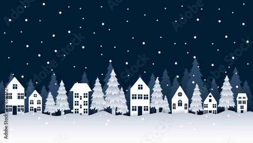 A snowy winter city at night in the forest. A Christmas town with falling snow. A night winter cityscape with beautiful buildings and houses, vector illustration for Christmas design.