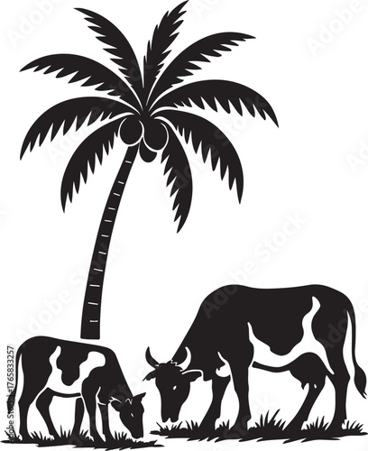 Black and white cows grazing under a palm tree calf