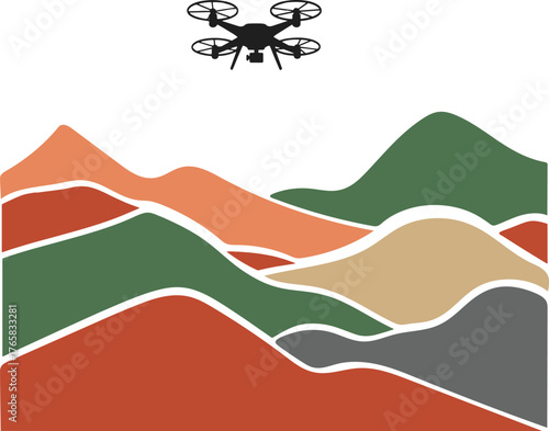 Drone over abstract landscape illustration. Quadcopter with camera flying above stylized hills, valleys, fields. Modern technology for agriculture, surveillance, mapping concept on transparent backgro