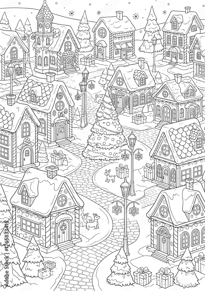 Fototapeta premium Detailed Line Art of a Charming Snowy Christmas Village Scene, Featuring Adorable Houses, Festive Decorations, and a Central Holiday Tree, Designed for Creative Coloring Activities