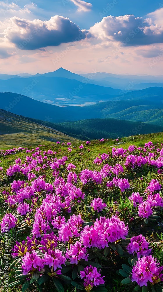 Obraz premium Pink Rhododendrons Bloom on Green Hills with Mountain Peak and Cloudscape Backdrop